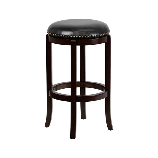 29'' High Backless Cappuccino Wood Barstool with Black LeatherSoft Swivel Seat