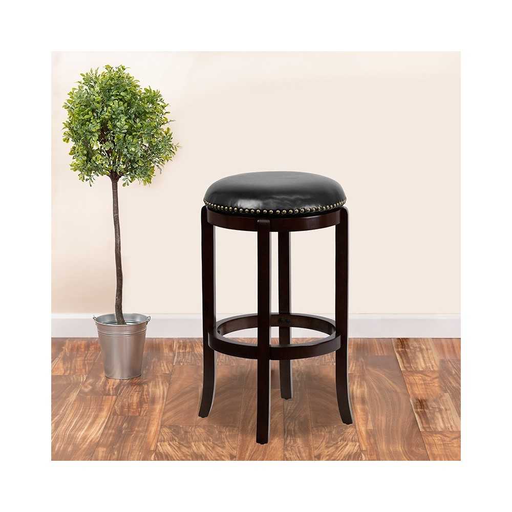 29'' High Backless Cappuccino Wood Barstool with Black LeatherSoft Swivel Seat