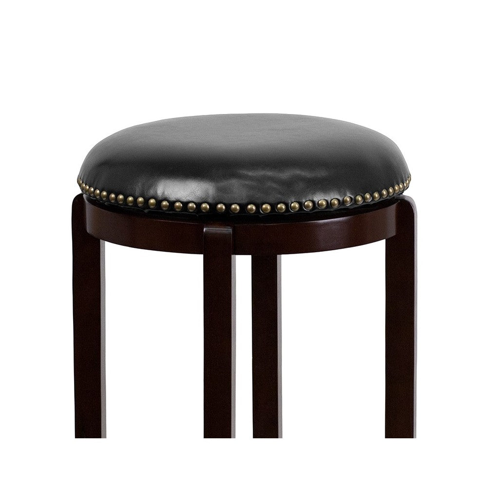 29'' High Backless Cappuccino Wood Barstool with Black LeatherSoft Swivel Seat