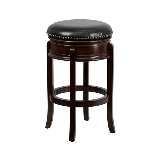 29'' High Backless Cappuccino Wood Barstool with Carved Apron and Black LeatherSoft Swivel Seat