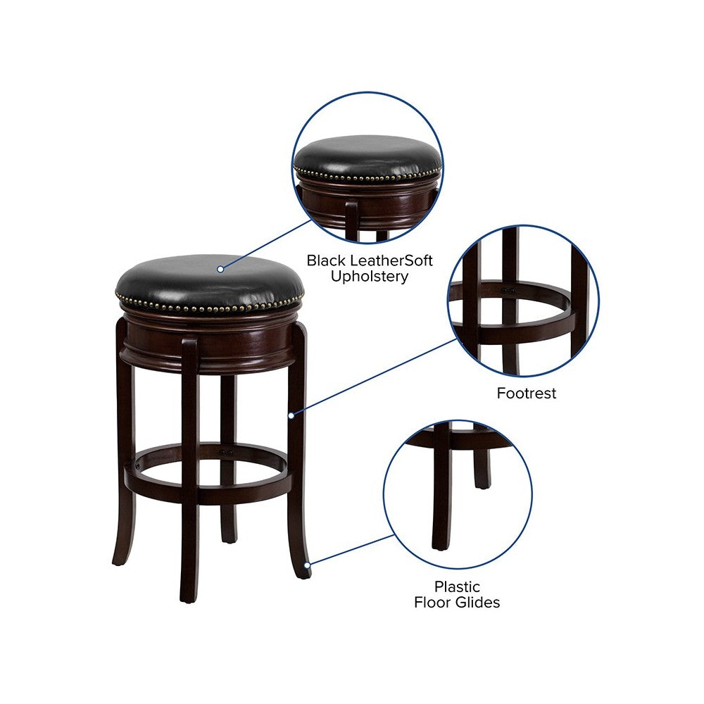 29'' High Backless Cappuccino Wood Barstool with Carved Apron and Black LeatherSoft Swivel Seat