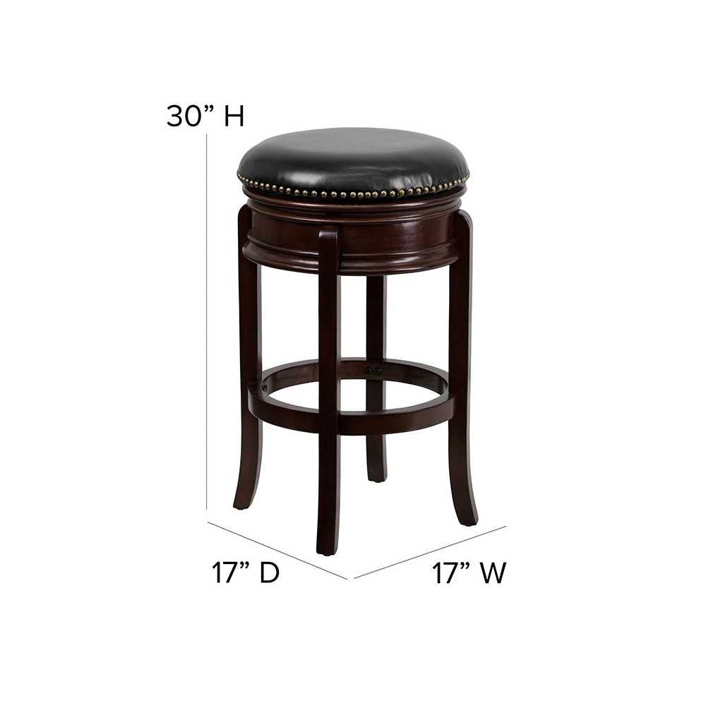 29'' High Backless Cappuccino Wood Barstool with Carved Apron and Black LeatherSoft Swivel Seat