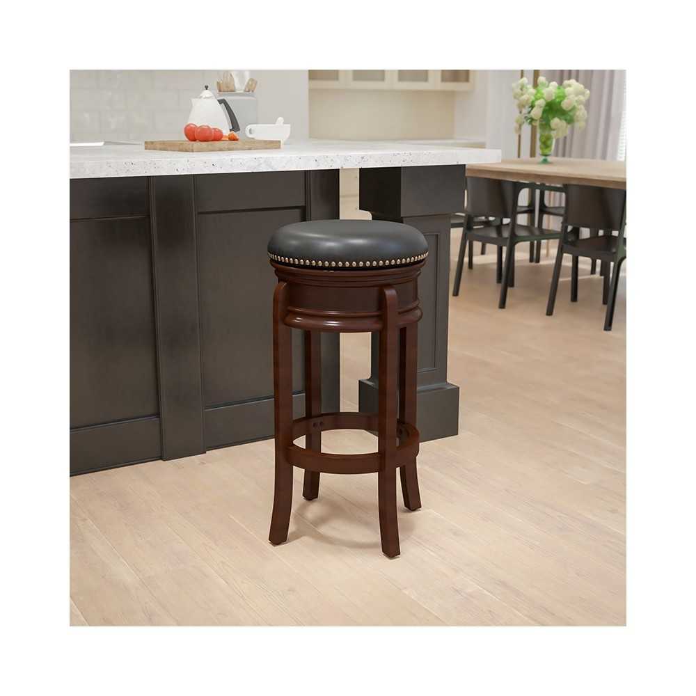 29'' High Backless Cappuccino Wood Barstool with Carved Apron and Black LeatherSoft Swivel Seat