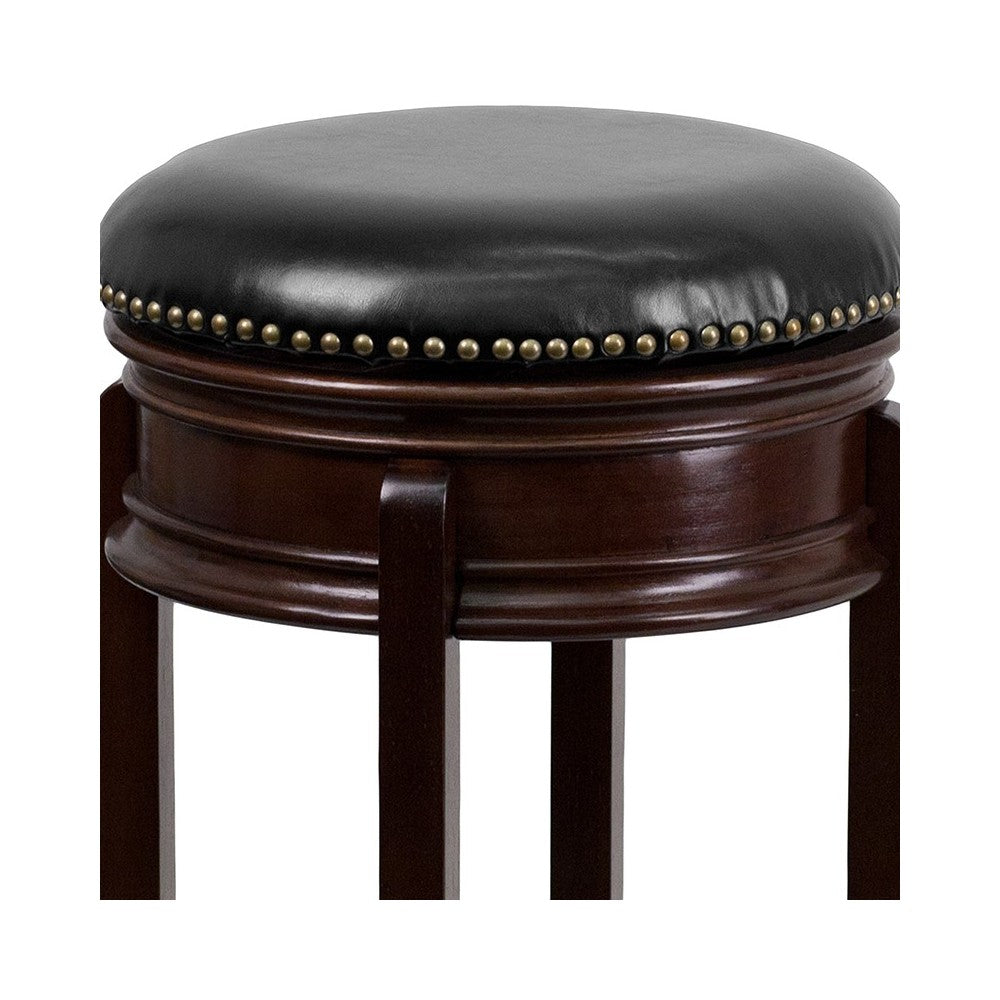 29'' High Backless Cappuccino Wood Barstool with Carved Apron and Black LeatherSoft Swivel Seat