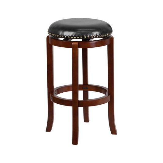 29'' High Backless Light Cherry Wood Barstool with Black LeatherSoft Swivel Seat