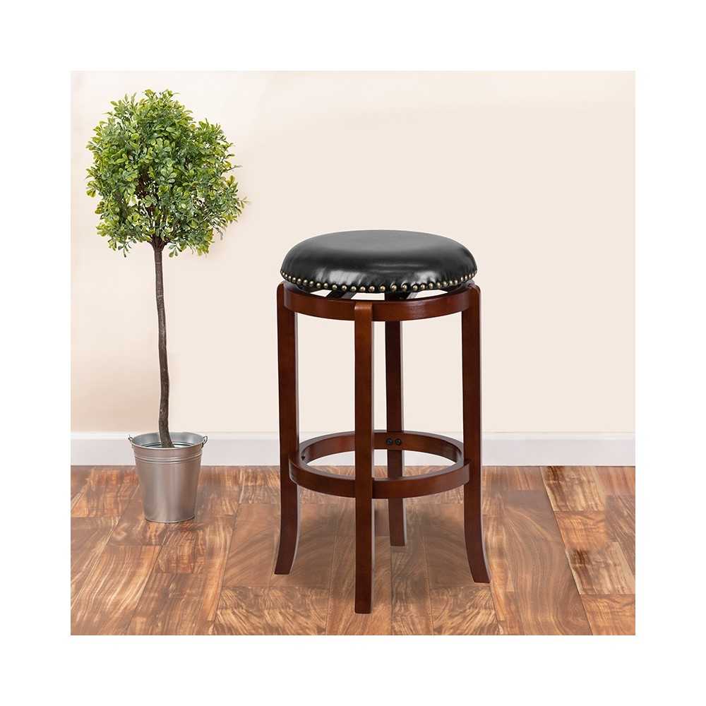 29'' High Backless Light Cherry Wood Barstool with Black LeatherSoft Swivel Seat