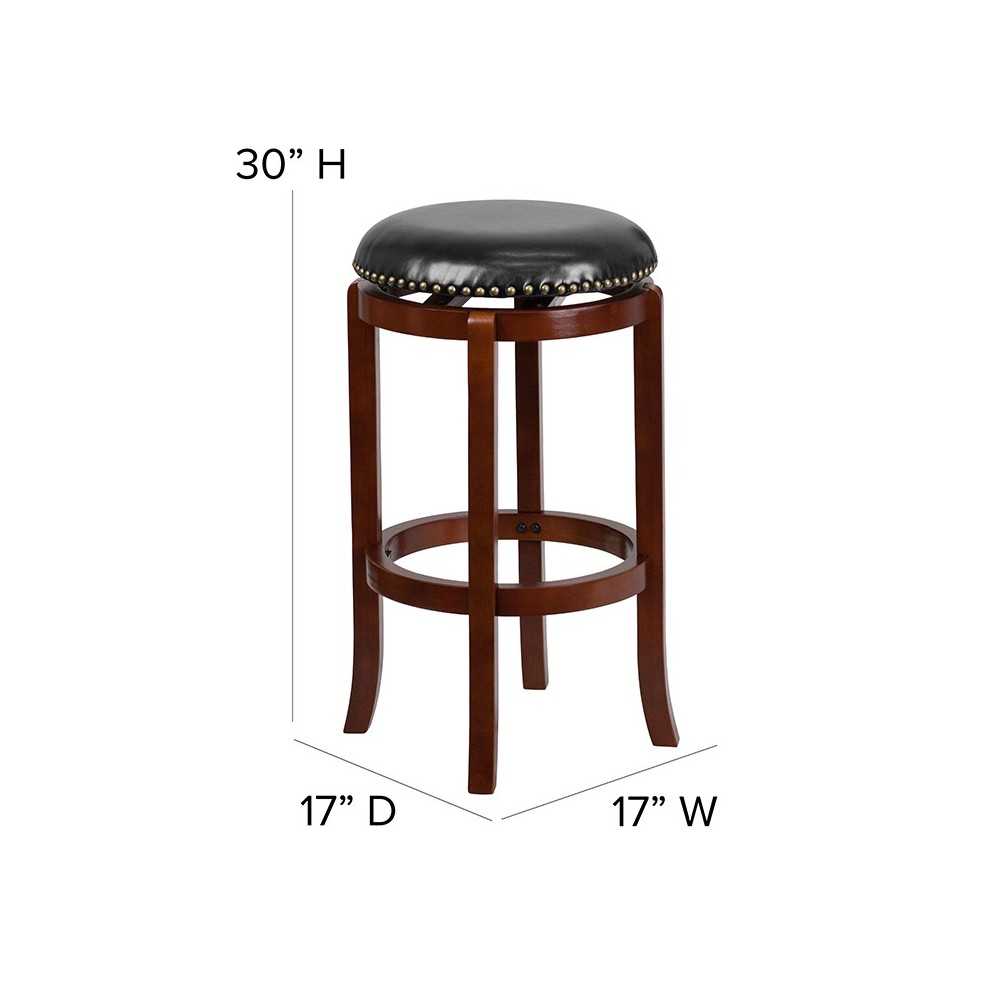 29'' High Backless Light Cherry Wood Barstool with Black LeatherSoft Swivel Seat