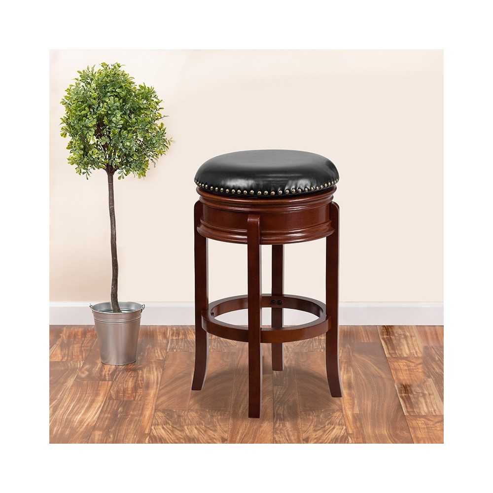 29'' High Backless Light Cherry Wood Barstool with Carved Apron and Black LeatherSoft Swivel Seat