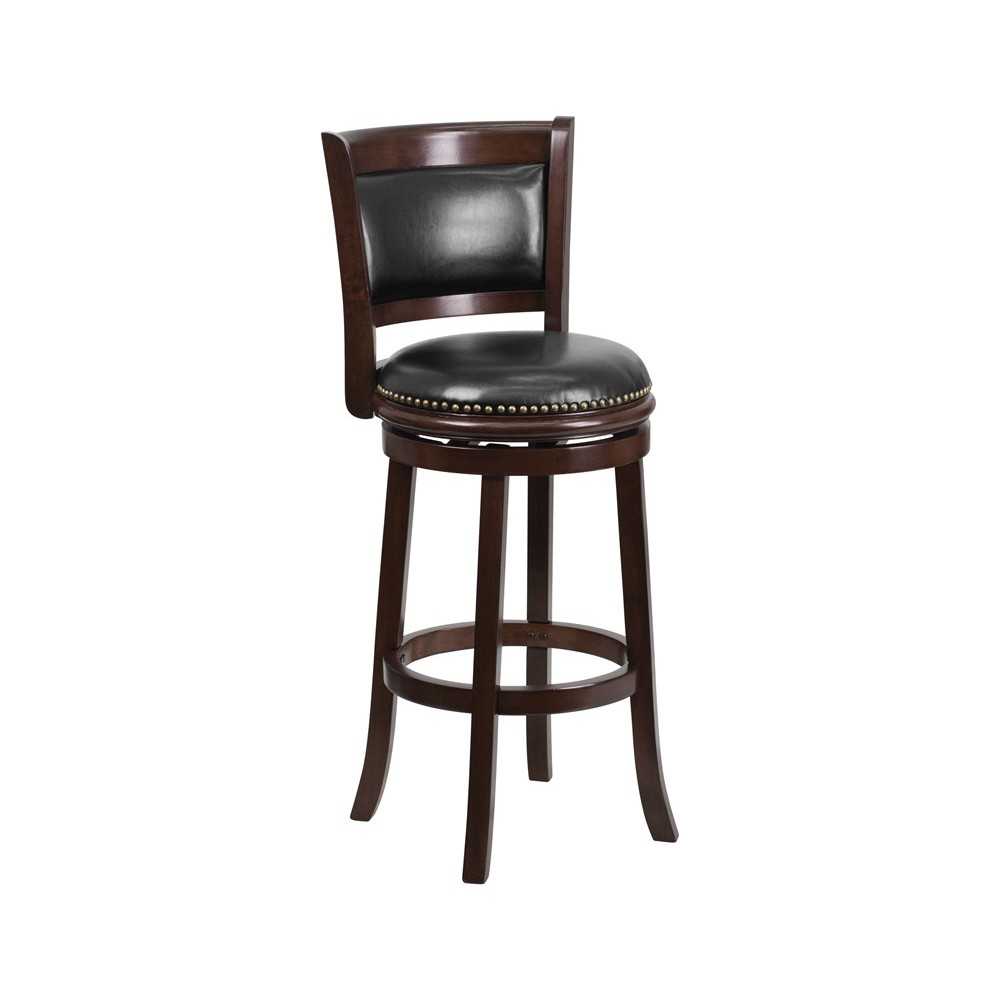 29'' High Cappuccino Wood Barstool with Panel Back and Black LeatherSoft Swivel Seat