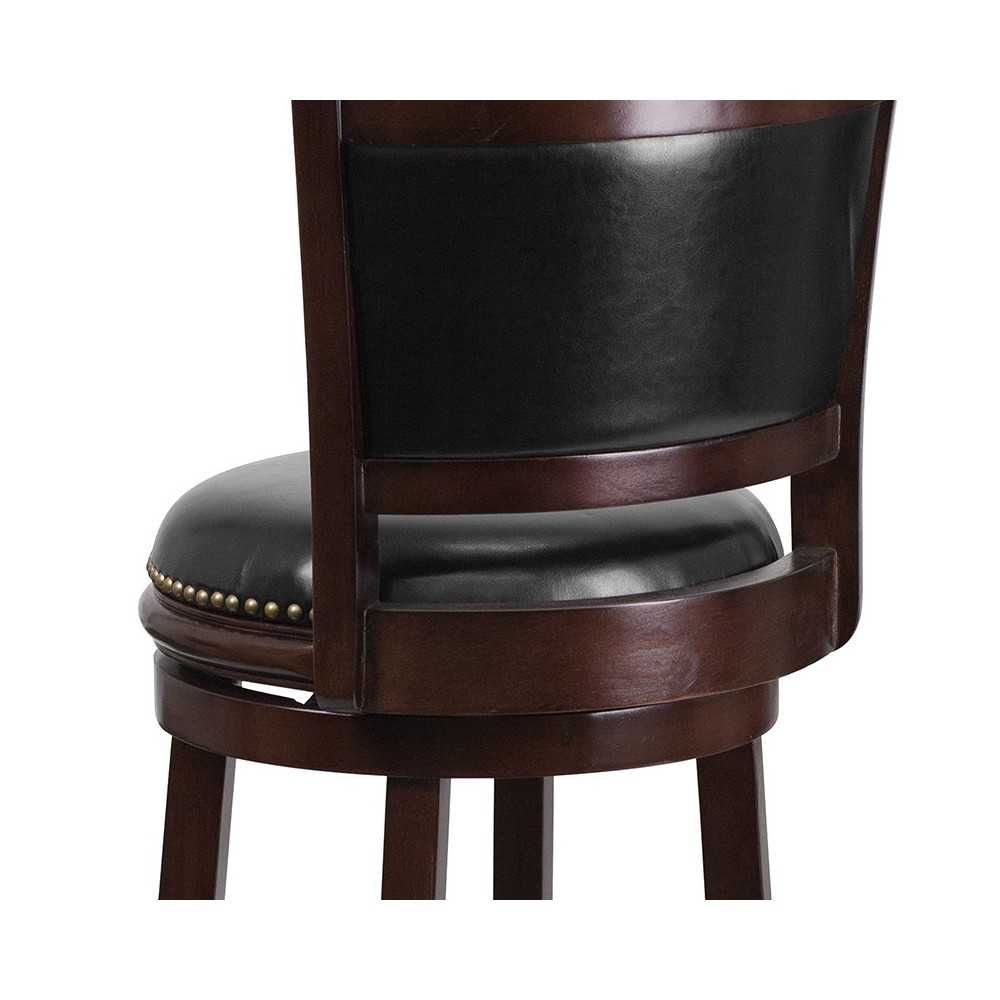 29'' High Cappuccino Wood Barstool with Panel Back and Black LeatherSoft Swivel Seat