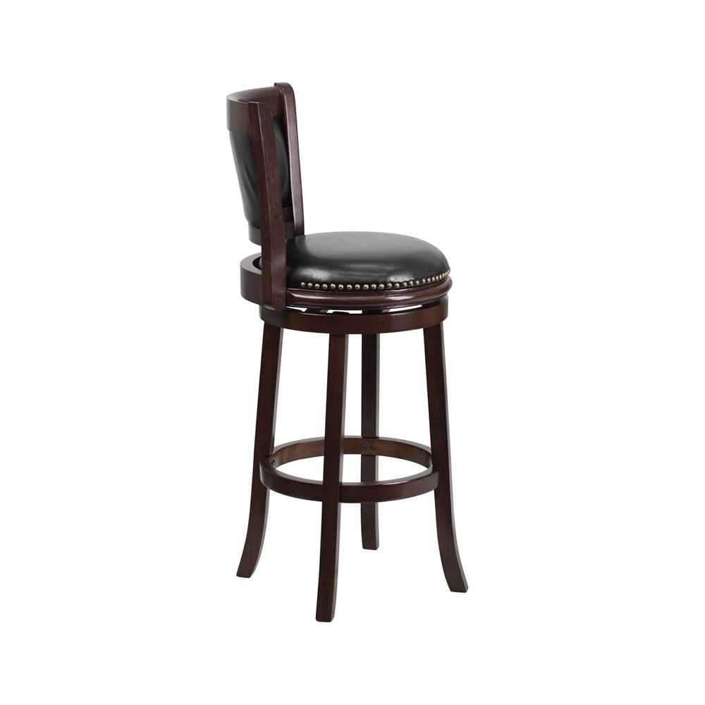 29'' High Cappuccino Wood Barstool with Panel Back and Black LeatherSoft Swivel Seat