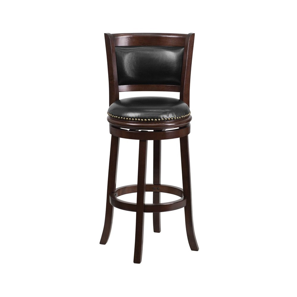 29'' High Cappuccino Wood Barstool with Panel Back and Black LeatherSoft Swivel Seat