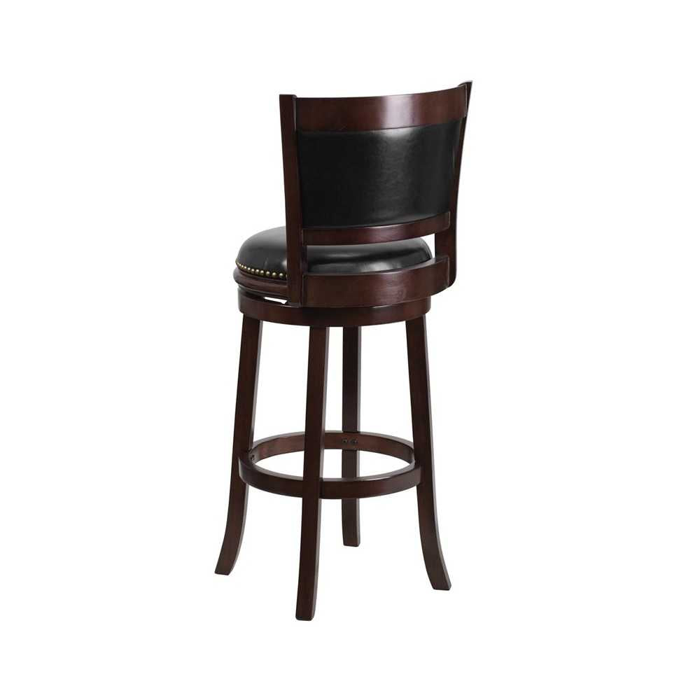 29'' High Cappuccino Wood Barstool with Panel Back and Black LeatherSoft Swivel Seat