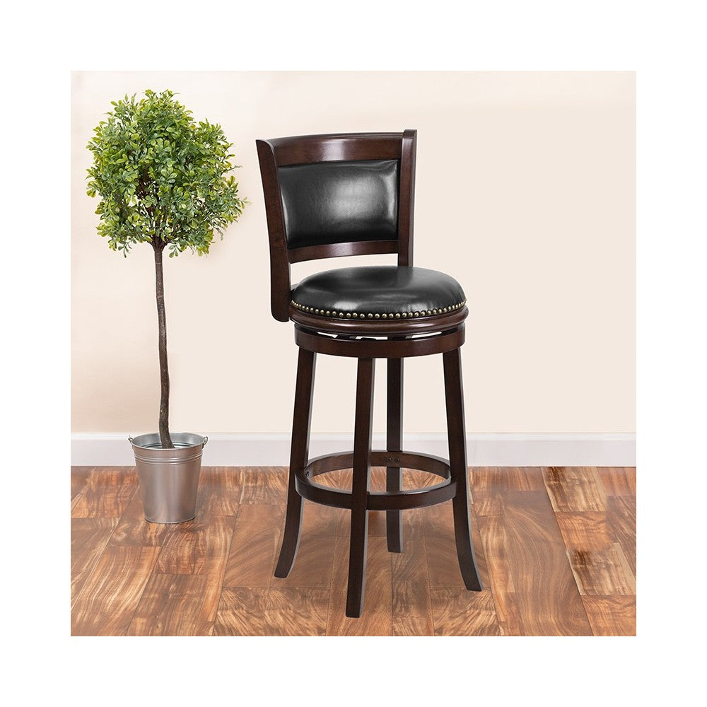 29'' High Cappuccino Wood Barstool with Panel Back and Black LeatherSoft Swivel Seat