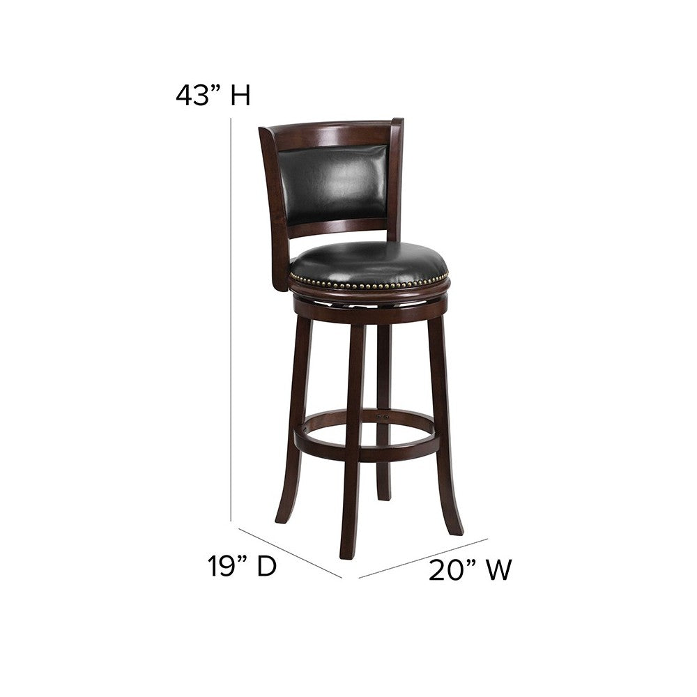 29'' High Cappuccino Wood Barstool with Panel Back and Black LeatherSoft Swivel Seat