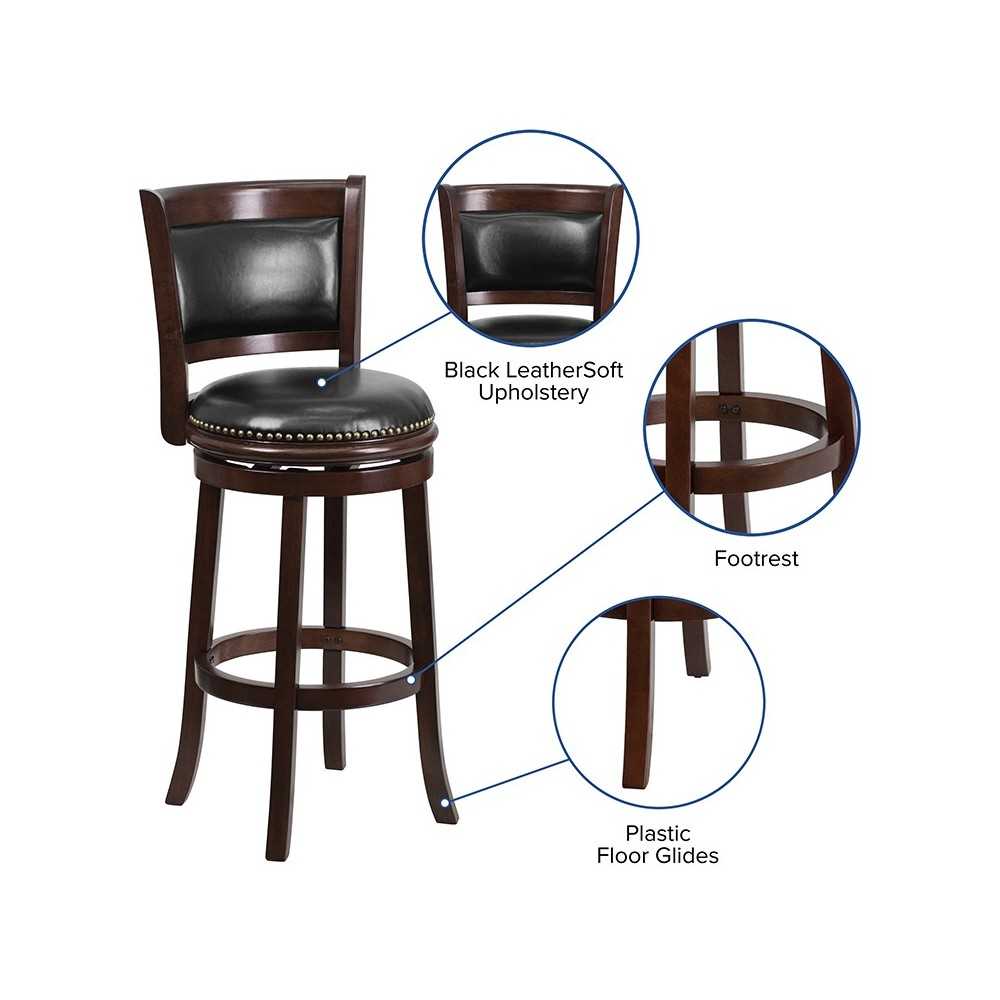 29'' High Cappuccino Wood Barstool with Panel Back and Black LeatherSoft Swivel Seat