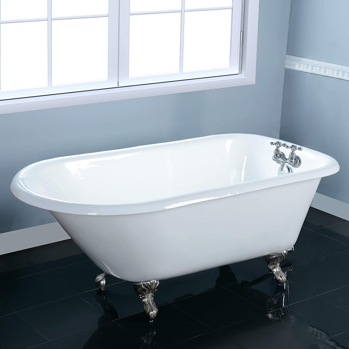 Aqua Eden 54-Inch Cast Iron Roll Top Clawfoot Tub with 3-3/8 Inch Wall Drillings, White/Brushed Nickel