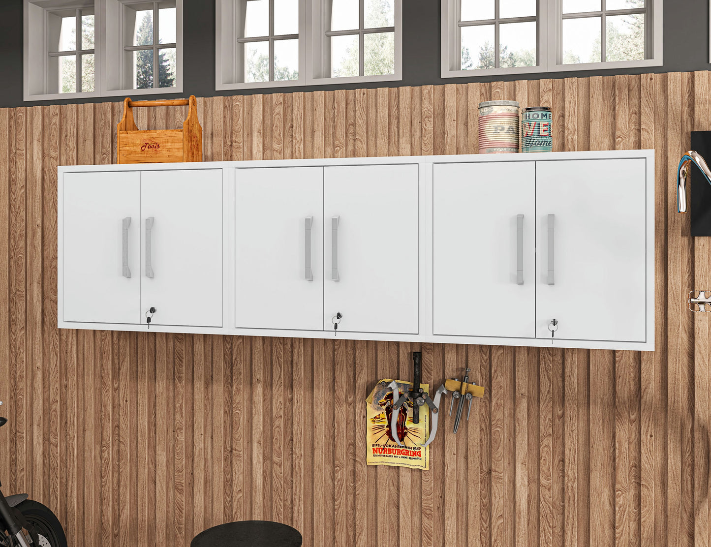 Eiffel Floating Garage Cabinet in White (Set of 3)