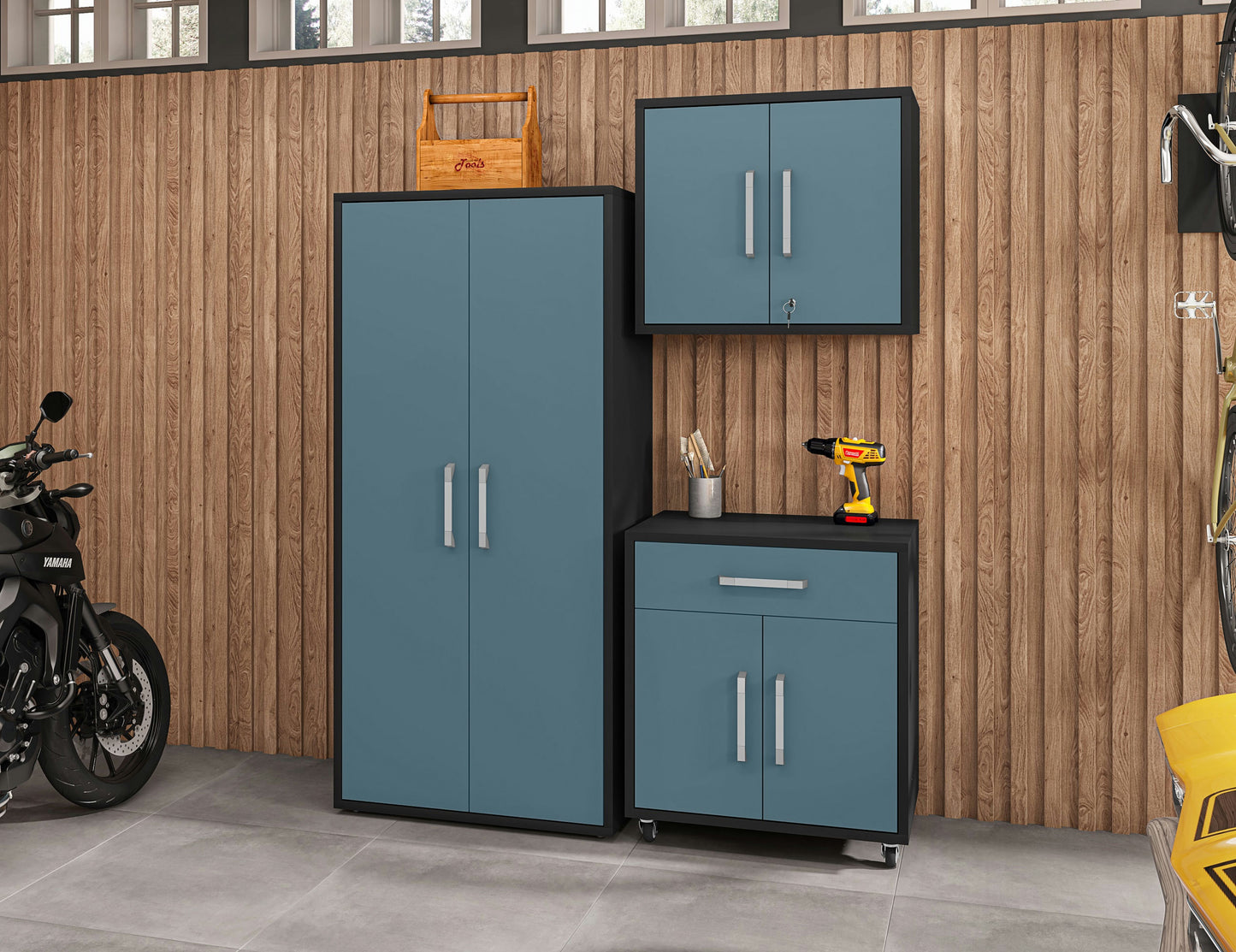Eiffel 3-Piece Storage Garage Set in Matte Black and Aqua Blue