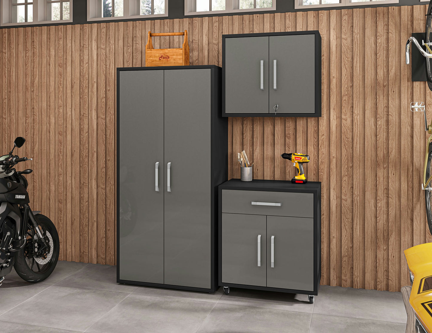 Eiffel 3-Piece Storage Garage Set in Matte Black and Grey