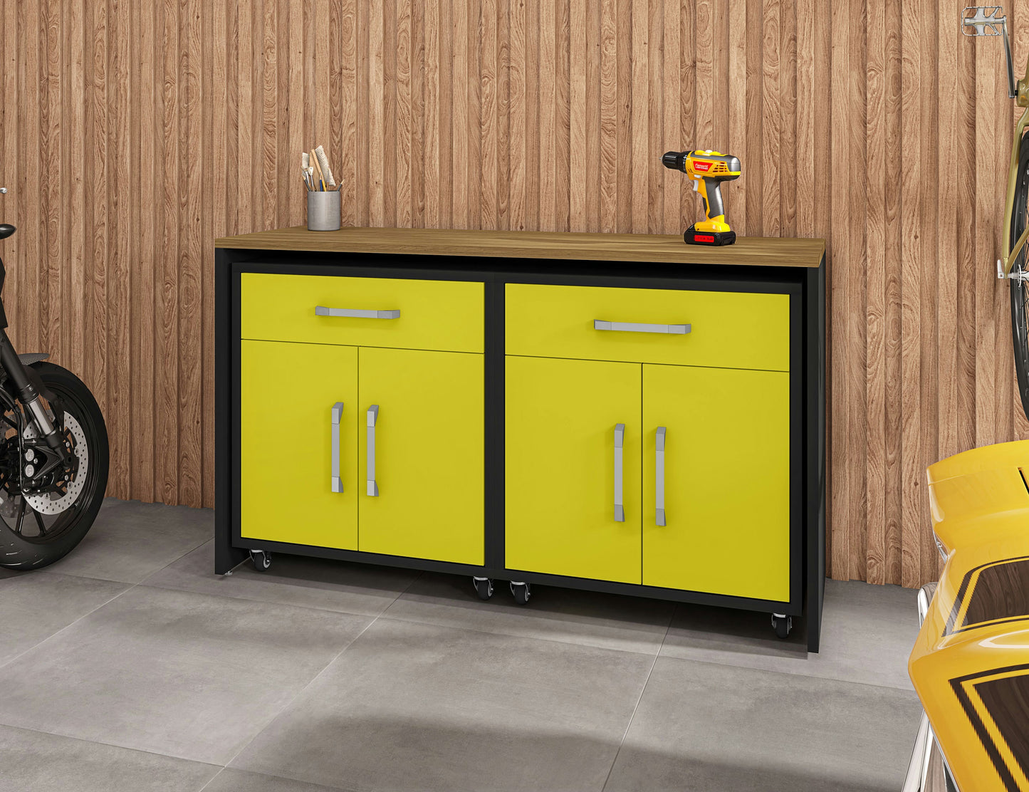 Eiffel Garage Work Station Set of 3 in Matte Black and Yellow
