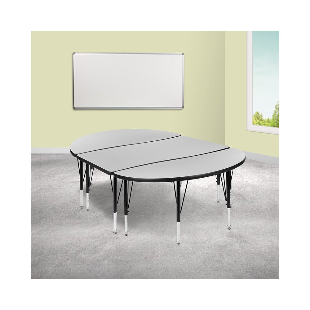3 Piece 76" Oval Wave Collaborative Gray Thermal Laminate Activity Table Set - Height Adjustable Short Legs