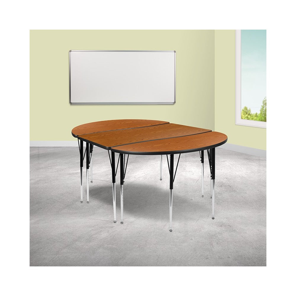3 Piece 76" Oval Wave Collaborative Oak Thermal Laminate Activity Table Set - Standard Height Adjustable Legs