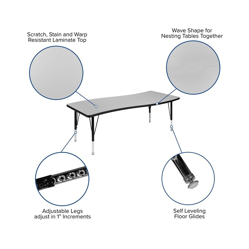3 Piece 86" Oval Wave Collaborative Gray Thermal Laminate Activity Table Set - Height Adjustable Short Legs
