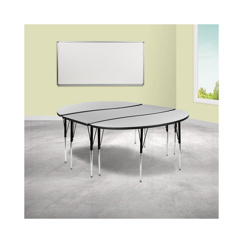 3 Piece 86" Oval Wave Collaborative Gray Thermal Laminate Activity Table Set - Standard Height Adjustable Legs