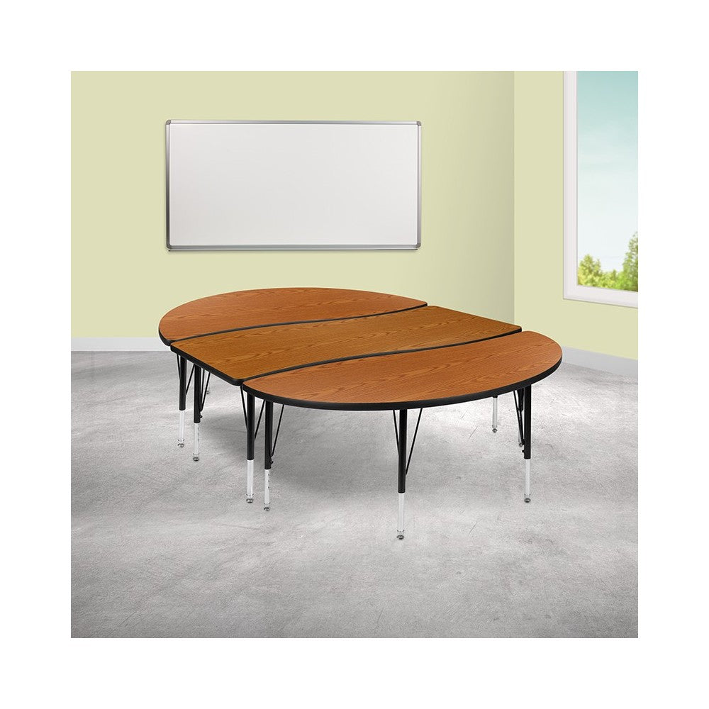 3 Piece 86" Oval Wave Collaborative Oak Thermal Laminate Activity Table Set - Height Adjustable Short Legs