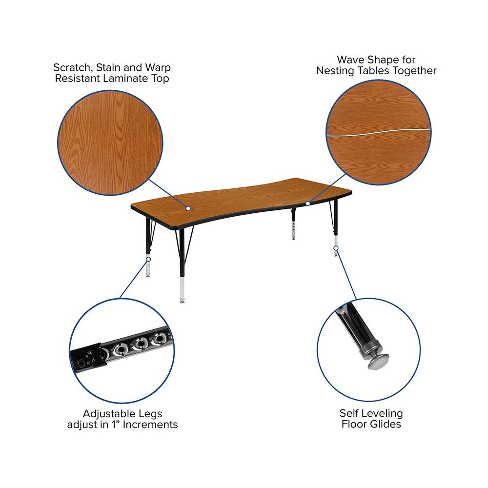3 Piece 86" Oval Wave Collaborative Oak Thermal Laminate Activity Table Set - Height Adjustable Short Legs