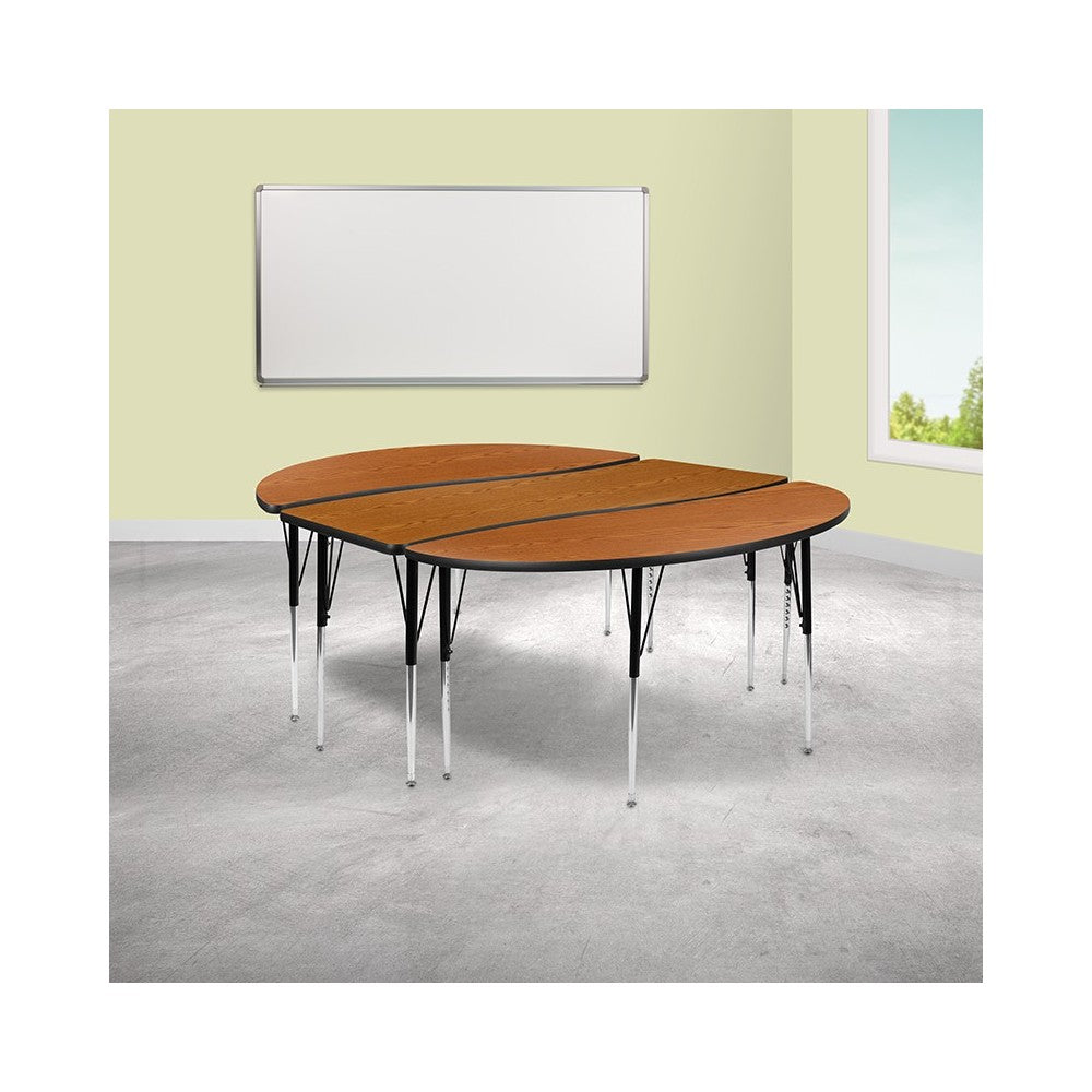 3 Piece 86" Oval Wave Collaborative Oak Thermal Laminate Activity Table Set - Standard Height Adjustable Legs