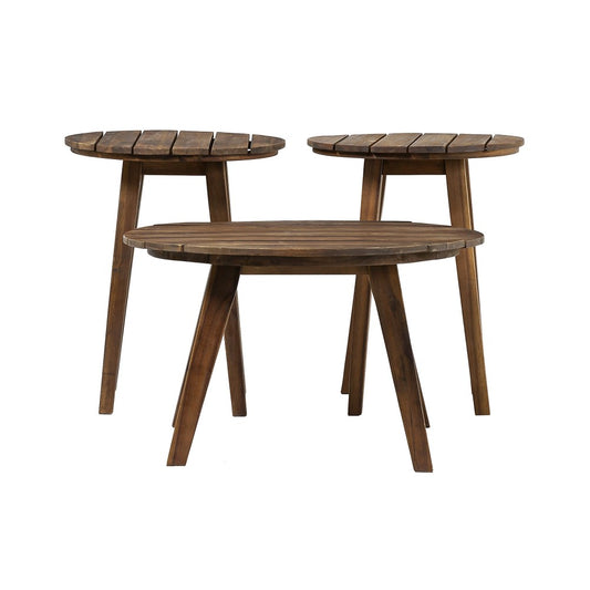 3-Piece Acacia Round Coffee Table and Side Tables - Dark Brown