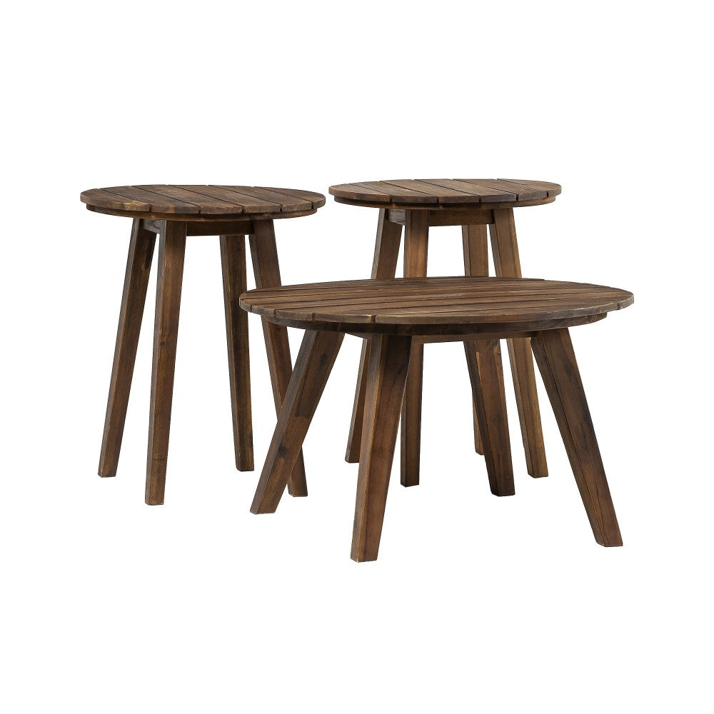 3-Piece Acacia Round Coffee Table and Side Tables - Dark Brown