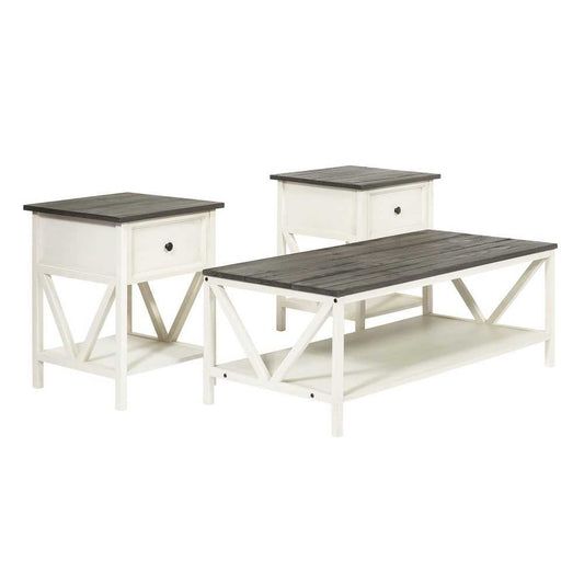 3-Piece Distressed Solid Wood Table Set - Gray/White Wash