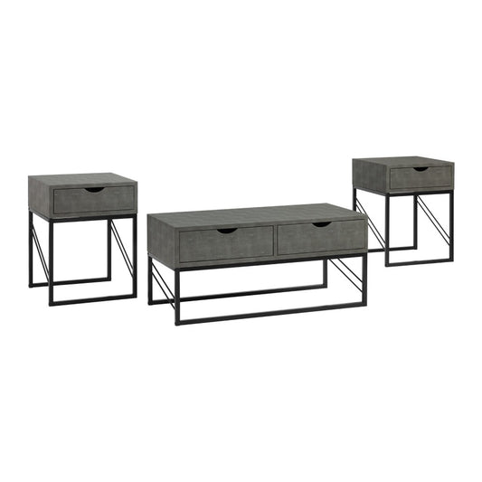 3 Piece Faux Shagreen Coffee Table and Side Tables - Gray