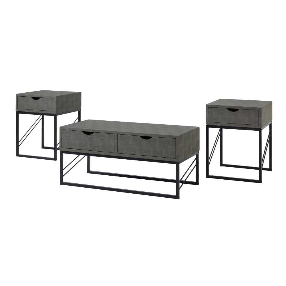 3 Piece Faux Shagreen Coffee Table and Side Tables - Gray