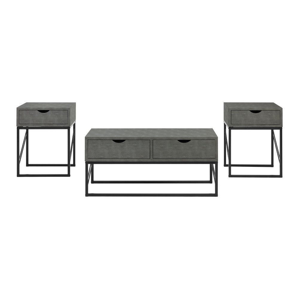 3 Piece Faux Shagreen Coffee Table and Side Tables - Gray