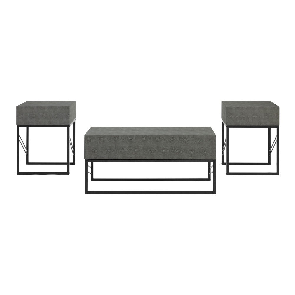 3 Piece Faux Shagreen Coffee Table and Side Tables - Gray