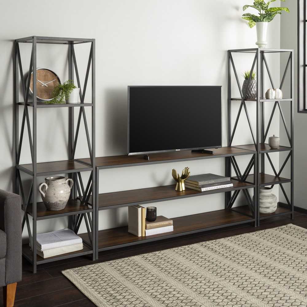 3-Piece Industrial Bookcase Set - Dark Walnut