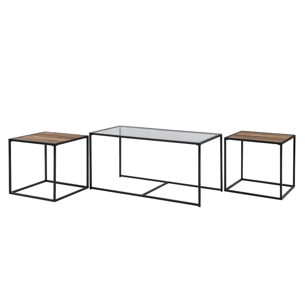 3-Piece Industrial Nesting Table Set - Glass/Rustic Oak