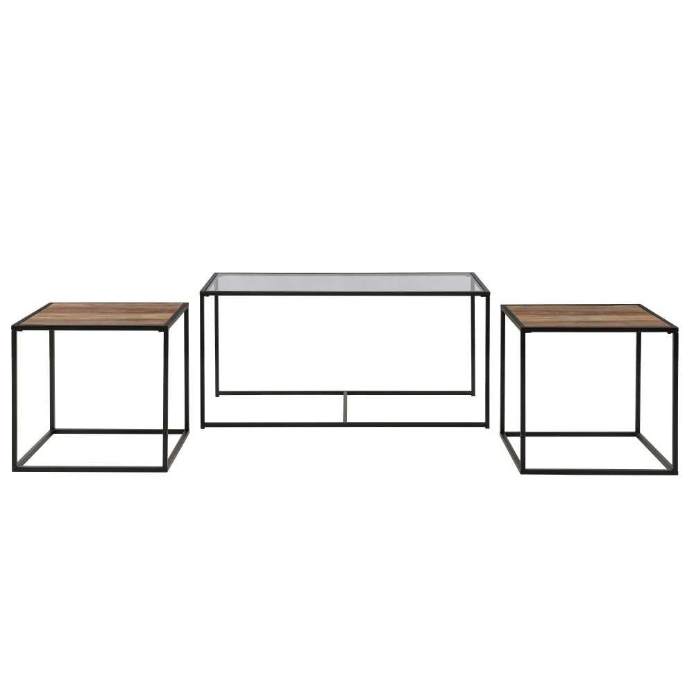 3-Piece Industrial Nesting Table Set - Glass/Rustic Oak