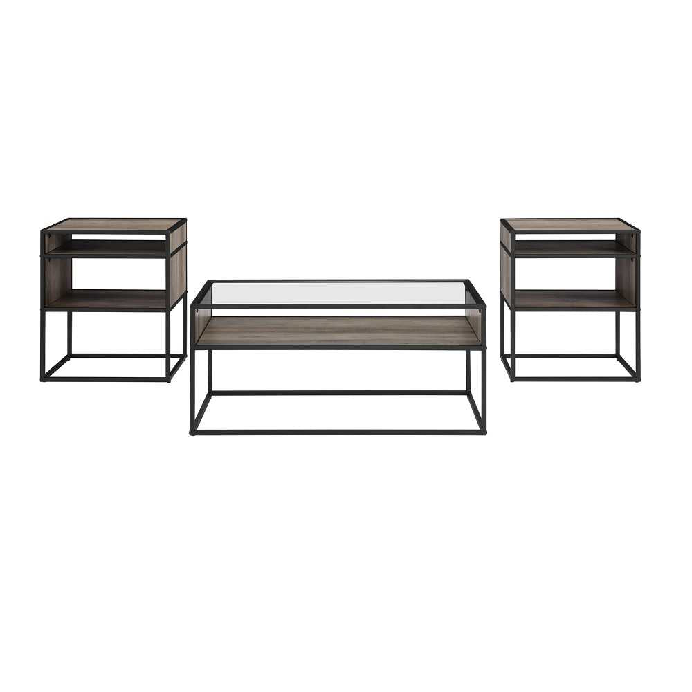3-Piece Metal and Glass Accent Table Set - Gray Wash