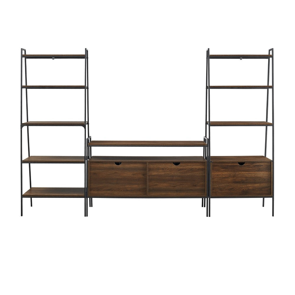 3 Piece Metal and Wood Ladder Wall Unit Set - Dark Walnut