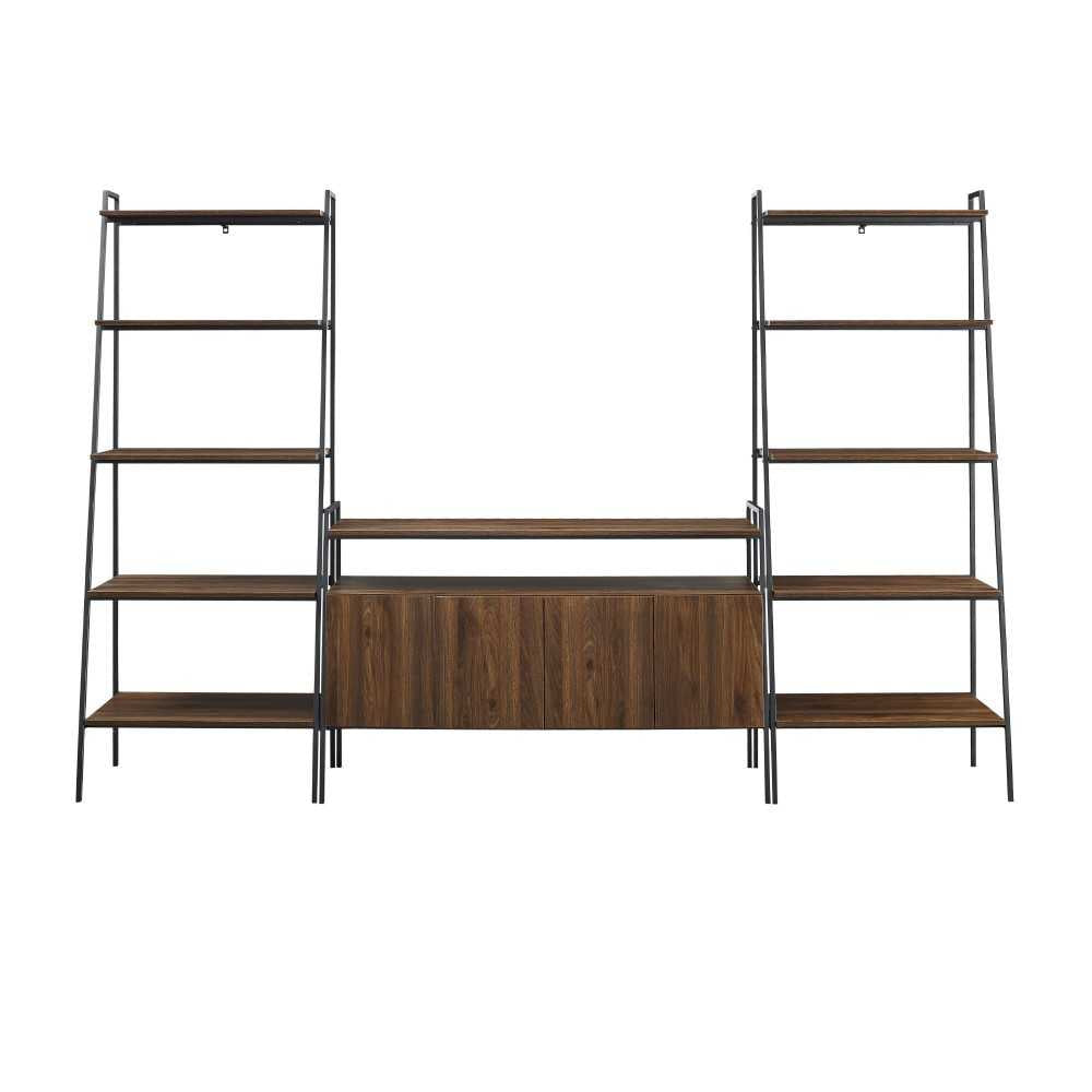 3 Piece Metal and Wood TV Console and Ladder Shelves - Dark Walnut