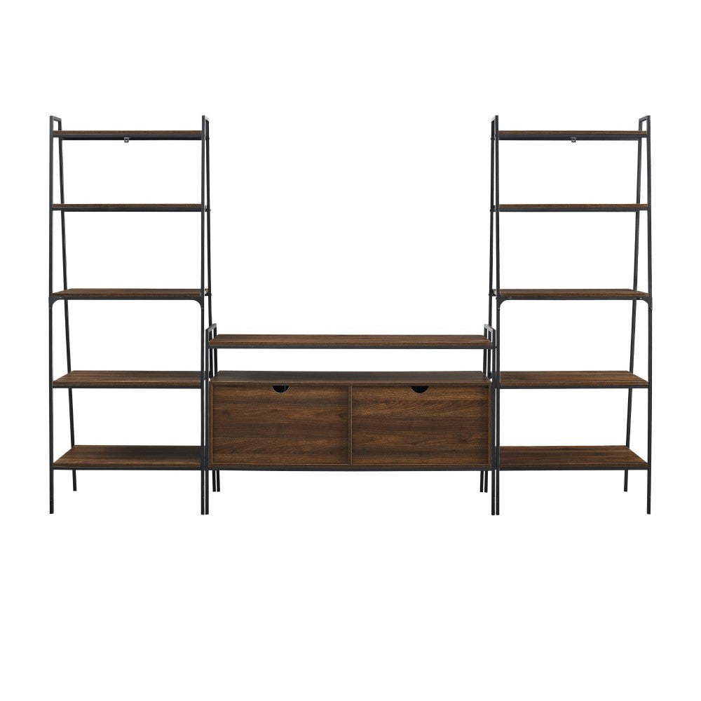 3 Piece Metal and Wood TV Console and Ladder Shelves - Dark Walnut