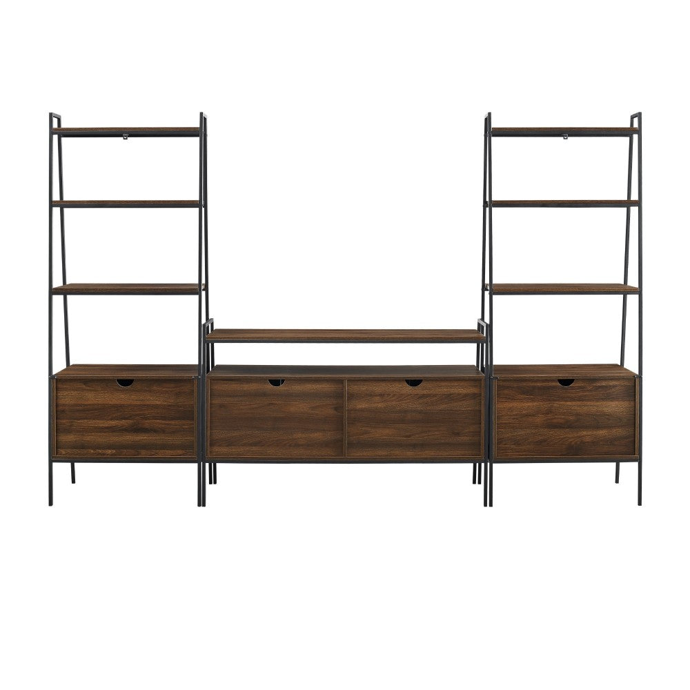 3 Piece Metal and Wood TV Console and Storage Shelves - Dark Walnut