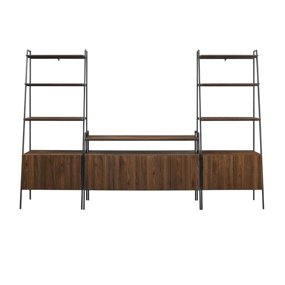 3 Piece Metal and Wood TV Console and Storage Shelves - Dark Walnut