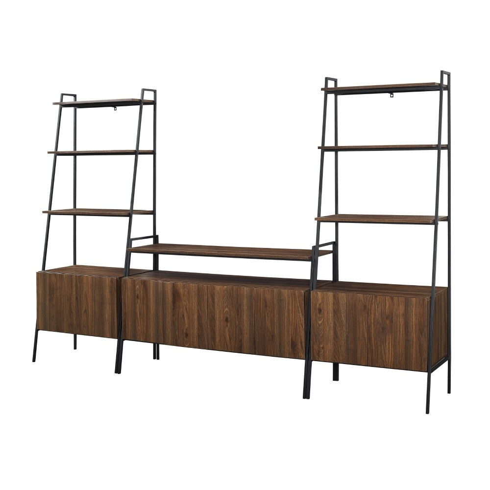 3 Piece Metal and Wood TV Console and Storage Shelves - Dark Walnut