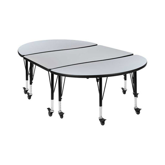 3 Piece Mobile 76" Oval Wave Collaborative Gray Thermal Laminate Activity Table Set - Height Adjustable Short Legs